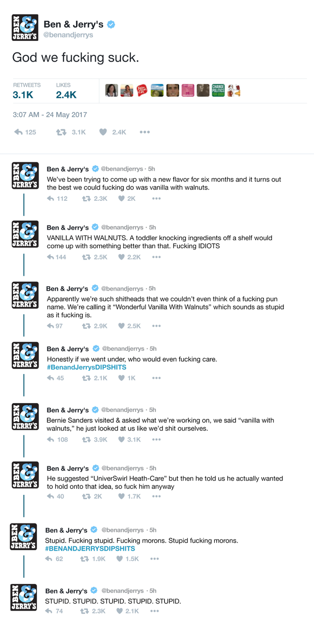 Illustration for article titled Twitter Meltdown: Ben & Jerry’s Is Going Really Hard On Itself After The Only New Ice Cream Flavor It Could Think Of Was Vanilla With Walnuts